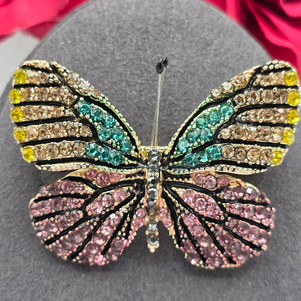 Multicolor Rhinestone Butterfly Brooch Gold Tone Crystal Insect Pin 2 Inch - Picture 2 of 8